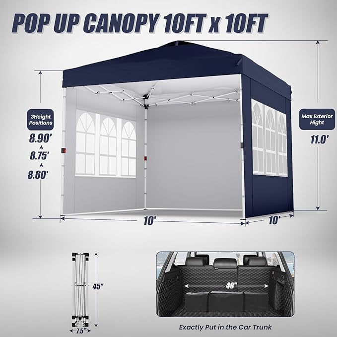 Shades 10x10 Pop Up Canopy with 3 Sidewalls & 4 Sandbags,Heavy Duty Beach Tent with Portable Bag,Sun Shelter for Parties,Events,Outdoor Gazebo with 420D Coated Waterproof Navy Blue Fabric