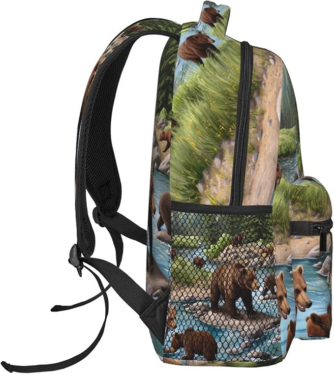 Rucksacks Lightweight Multipurpose Anti-Theft Bears Lovers Mountain River Pattern Shoulder Bag Big Capacity Traveling Camping Backpack With Side Pockets