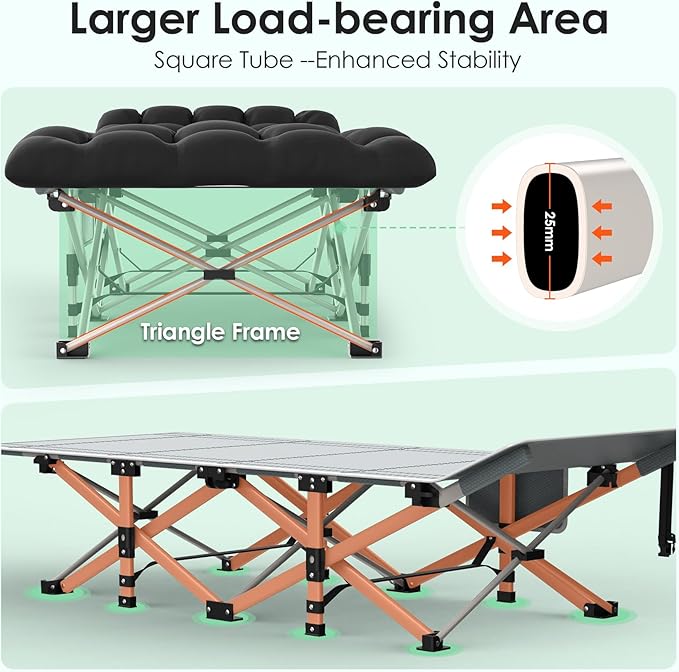 Suteck Camping Cot, Folding Camping Cot Bed for Adults Sleeping 1200D Double Layer Oxford Portable Folding Outdoor Cots for Camping W/Soft Pad Carry Bag for Home Office Nap Beach Travel
