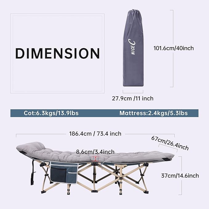 Nice C Heated Cot With Battery, Heated Camping Cots, Camping Cots with Mattress, for Adults, Folding Cot, with Pillow, Carry Bag & Storage Pocket, Extra Wide Sturdy, Holds Up to 500 Lbs (2 Pack, Grey)