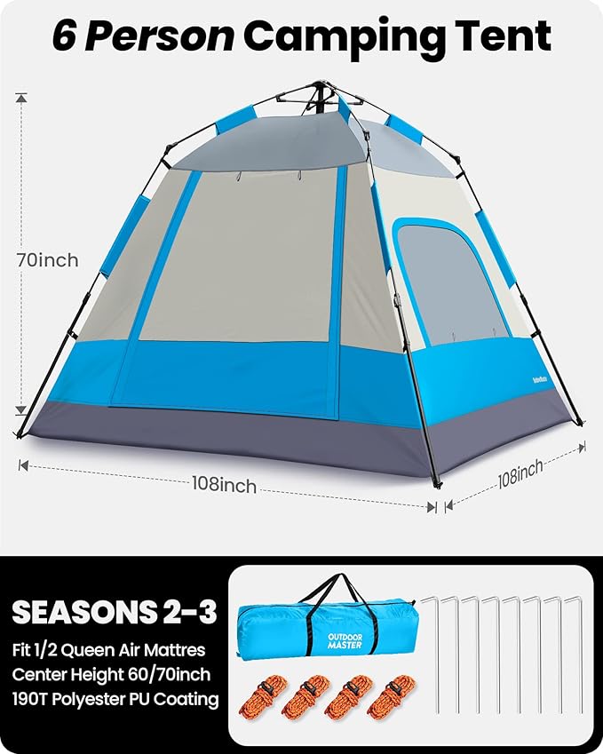 OutdoorMaster Updated Camping Tents, 4/6 Person Camping Tent with Blackout Shelter Technology, Easy Setup in 60 Seconds, Weatherproof Pop Up Tent with Top Rainfly, Instant Cabin Tent