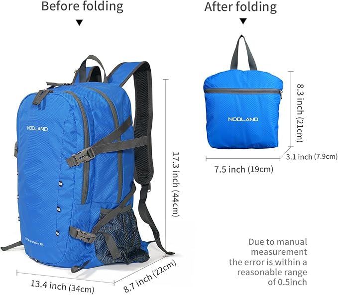 NODLAND Lightweight Backpack, Travel 40L Foldable Water-Resistant Daypack, Hiking Outdoor Camping Rucksack for Men Women