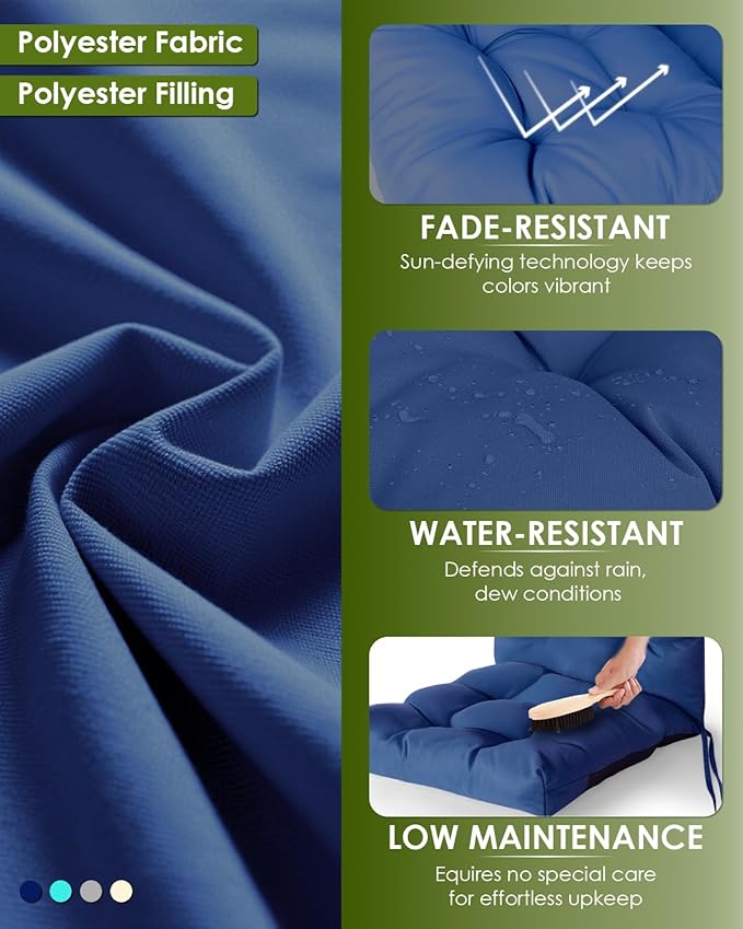 GREENVINES Rocking Chair Cushion | Polyester | Waterproof | Outdoor High Back Rocker Chairs Cushions | Seat with Ties | Non-Slip | Thickened Pad for Patio | 46.5" x 18.5" x 4.3" | Blue