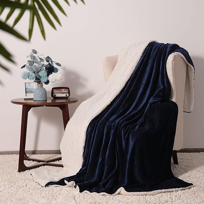 NANPIPER King Size Sherpa Blanket, Soft Fleece Throw for Bed, Reversible Thick Fuzzy Blanket for Winter (Navy Blue, 90x108 inches)