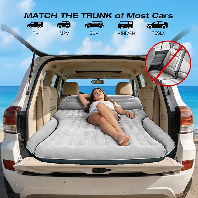 SUV Air Mattress, Double-Sided Thick Flocked Car Air Mattress with Built-in Pump & Pillow, Complete Sleeping Accessories for Auto Camping & Road Trips（Light Grey）