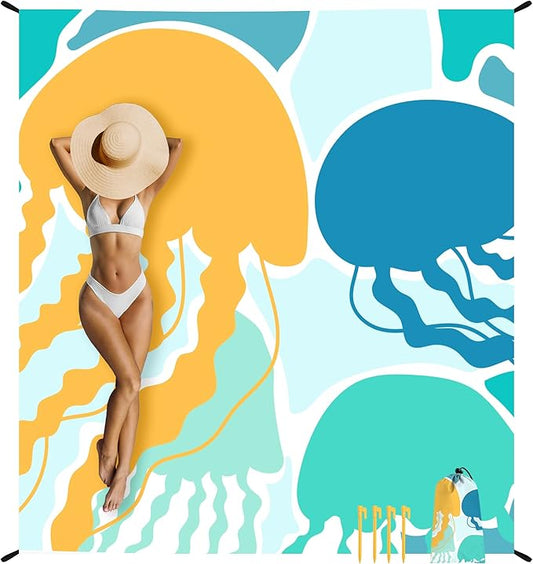 Beach Blanket Waterproof Sandproof Oversized, 110''×118'' Extra Large Beach Mat Sand Free, Lightweight Compact Foldable Picnic Blanket w/ 4 Stakes & Pockets for Camping, Travel, Beach Accessories