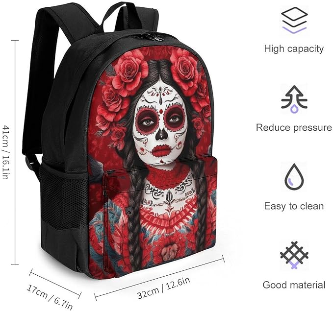 Rucksacks Lightweight Multipurpose Anti-Theft Mexican Red Rose Sugar Skull Floral Women Day Of The Dead Art Shoulder Bag Big Capacity Laptop Book Bag Rucksack With Padded Straps