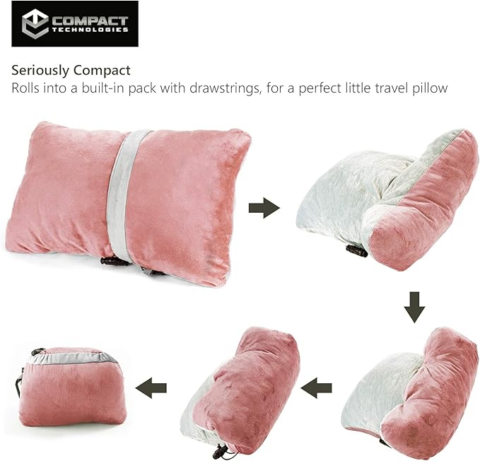 Compact Travel Pillow Made with Shredded Memory Foam and Super Soft Fleece Fabric for Ultimate Comfort in Travel. Patented Design Rolls and Compacts Small for Travel. (Pink)