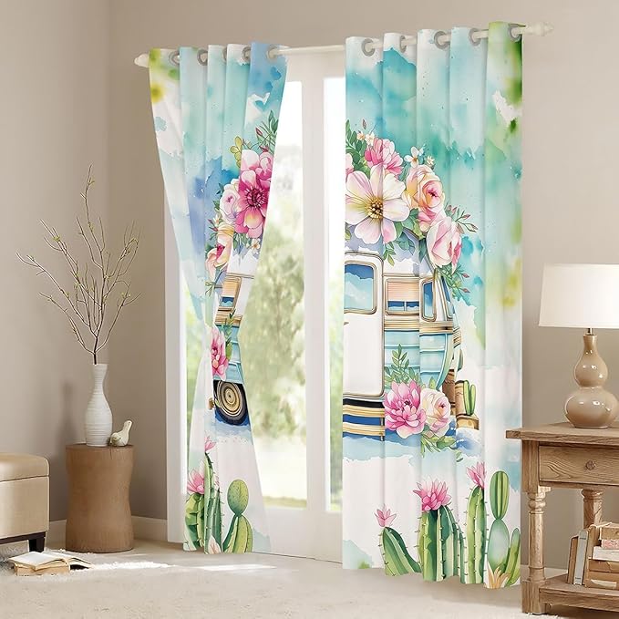 Erosebridal Girls Camper Blackout Curtains for Bedroom Living Room Camping Car Floral Window Curtains 2 Panels 42" Wx90 L Happy Camping Adventure Drapes,Rustic Pink Flowers Window Treatments
