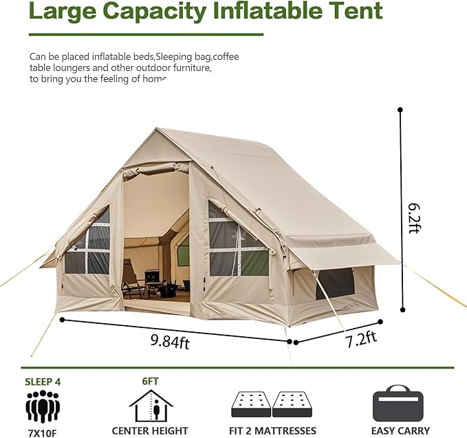 Inflatable Camping Tent,2/4/6/8 Person Glamping Inflatable Tents with Awning, Quick Setup Blow Up Tents with Pump, Waterproof Oxford Inflatable House for Camping, Air Glamping Hot Tents for Adult