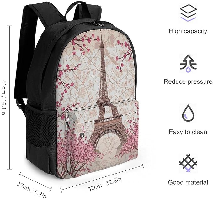 Supdreamc Daypack Anti-Theft Multipurpose Large Capacity Shoulder Bag, Paris Eiffel Tower With Pink Cherry Flower Blossom Travel Hiking Camping Rucksack With Smooth Zippers
