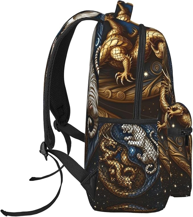 Men Women Polyester Yin Yang Gold Dragon White Tiger Art Backpack Large Capacity Bookbag With Smooth Zippers for Climbing Picnic Bicycle