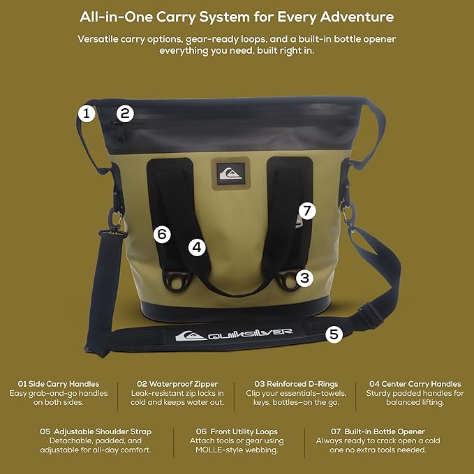 Quiksilver Zipperless Backpack Cooler 30L, Holds 36 Cans, 48 Hour Insulation, Leakproof & Waterproof Design, Heavy Duty TPU, IPX7, Padded Straps, Kangaroo Pockets