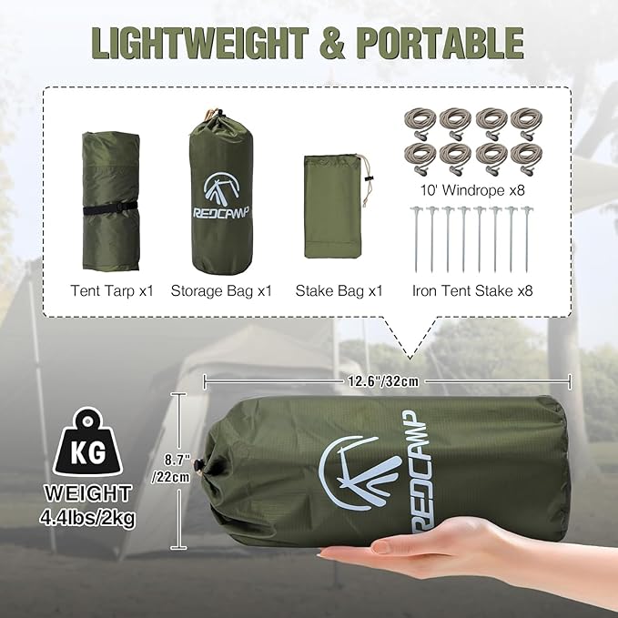 REDCAMP Large 10x17ft Waterproof Camping Tarp, Portable Hammock Rain Fly with 4 Adjustable Poles, 8 Guy Lines & Stakes, Backpacking Tent Shelter for Camping, Hiking, Beach (4 Poles)