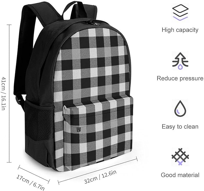 Adults Lightweight Plaid Farmhouse Black Gray Checkered Buffalo Plaid Modern Rustic Rucksacks Large Capacity Bookbag With Adjustable Shoulder Straps for Trekking Outdoors Bicycle