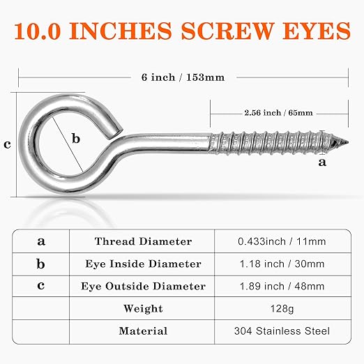 2Pcs Self Tapping Eyelet Screw Eye Bolt，6 Inch Heavy Duty Screw Eyes Hooks ，M10 Wooden Large Screw Eye Hook，Load Capacity 800 Lbs for Hammock ，Yoga，Heavy Indoor Outdoor Uses (2, M10-6 INCH)