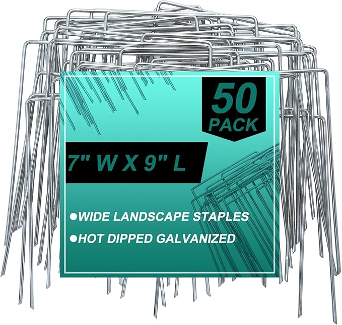 50 Pack Heavy Duty Wide Landscape Staples, 7 Gauge Galvanized Steel Turf Stakes Garden Stakes Bulk, U Type Anchor for Grass, Securing Weed Barrier Fabric, Pipes, Sod (9"x7")