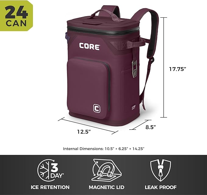 CORE Magnetic Leak Proof Soft Cooler with Waterproof Zipper | Insulated Bag Portable Ice Chest Box | Best Soft Cooler for Food & Beverages for Tailgating, Car Camping, Travel, and Family Beach Picnics