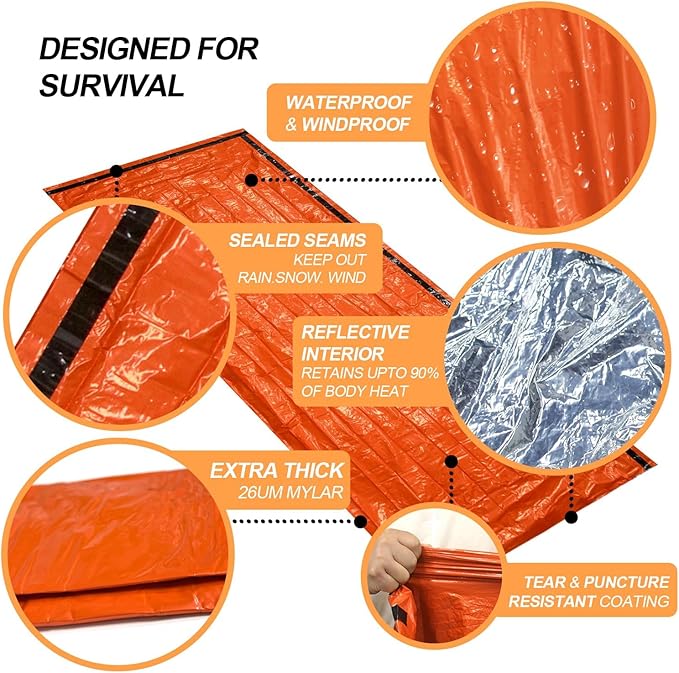Emergency Sleeping Bag, Waterproof Thermal Bivy Sack for Camping, Bivvy Sack with Whistles,Ultralight Survival Gear with Compass for Hiking and Outdoor Adventures