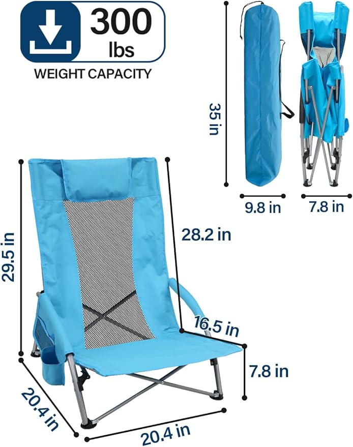 BDL Low Beach Chairs for Adults 2 Pack, Portable Lightweight Folding Chair Cup Holder & Carry Bag, Set of 2 Folding Beach Chair for Outdoor, Sand, Camping, Concert, Travel（Blue）