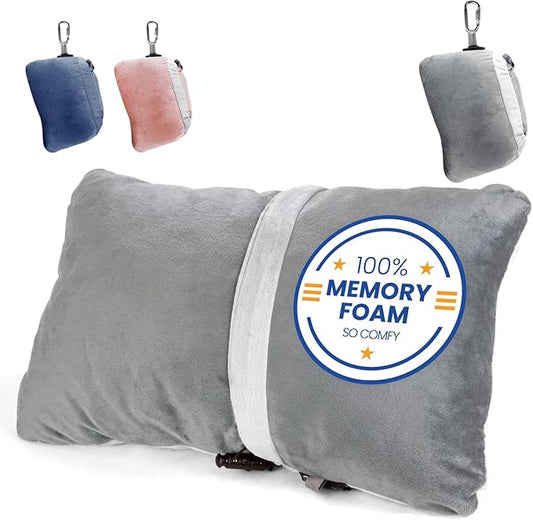 Compact Travel Pillow Made with Shredded Memory Foam and Super Soft Fleece Fabric for Ultimate Comfort in Travel. Patented Design Rolls and Compacts Small for Travel. (Grey)