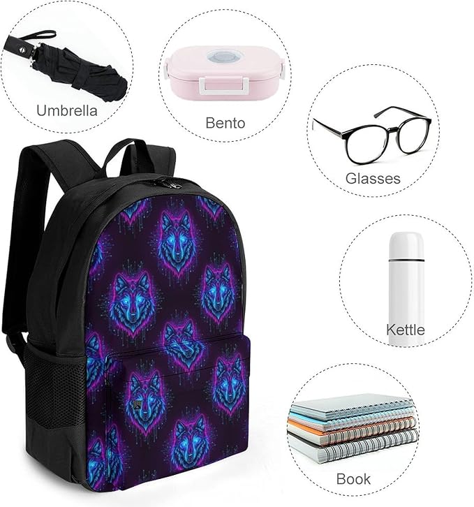 Supdreamc Polyester Daypack Backpack for Sports Travel Running, Big Capacity Anti-Theft Multipurpose Carry On Bag, Neon Wolf Laptop Book Bag Rucksack