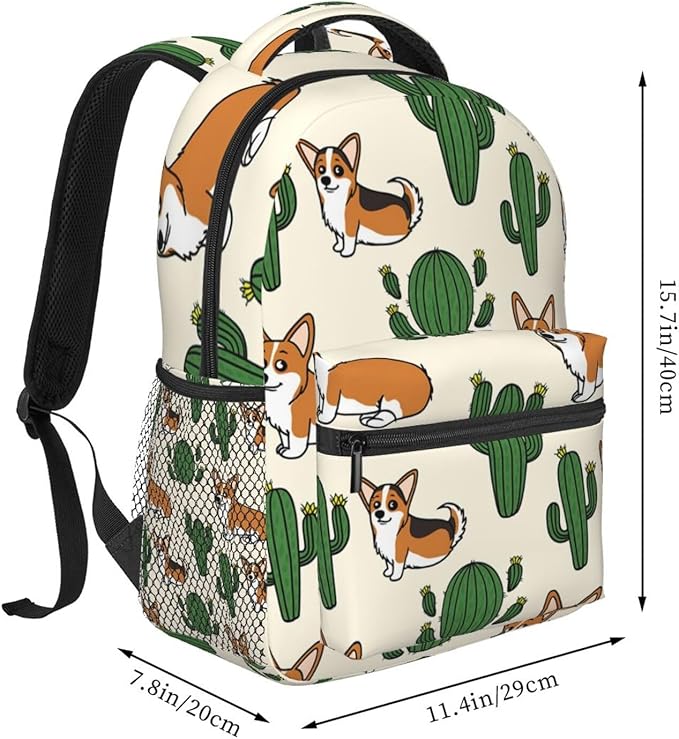 Daypack Backpack Anti-Theft Multipurpose Large Capacity Carry On Bag, Corgi Dog Cactus Traveling Camping Backpack With Side Pockets