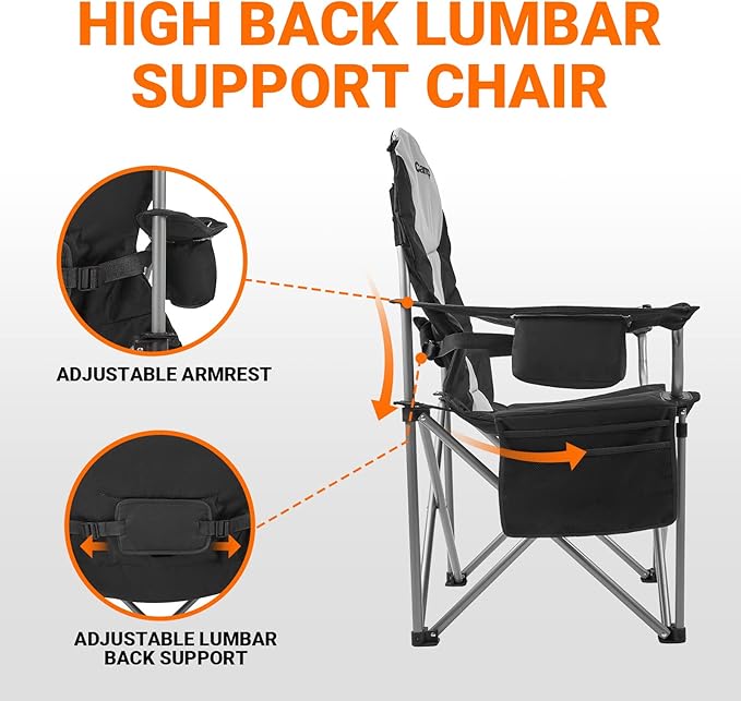 KingCamp Folding Portable Camping Chairs Oversized Padded Quad Arm Chair with Cooler Bag, Cup Holder and Side Pocket, Heavy Duty Supports 300 lbs for Outdoor, Lawn, Fishing, Sports