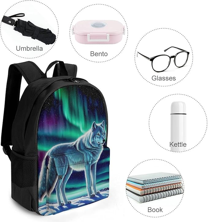 Men Women Lightweight Starry Galaxy Cool Wolf Art Daypack Bookbag Big Capacity Carry On Bag With Side Pockets for Camping Travel Bicycle