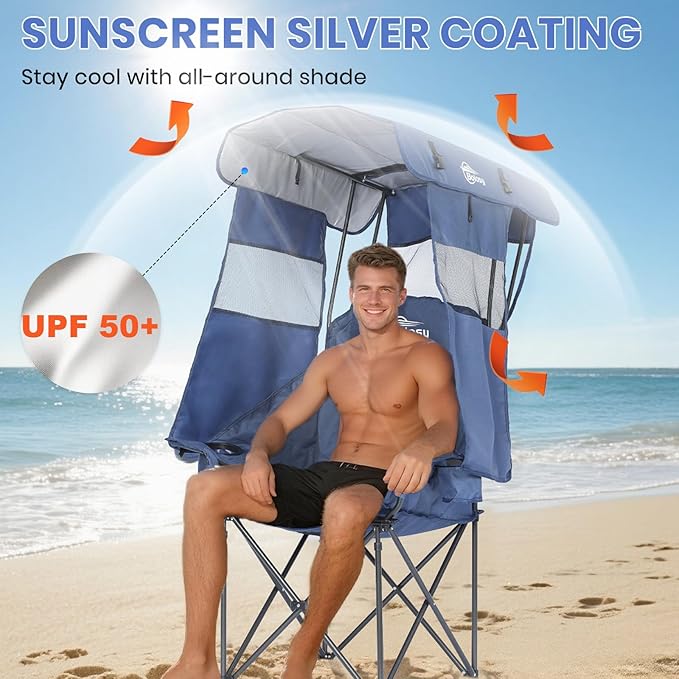2 Pack Camping Chair with Canopy Oversized Beach Chair with Canopy Shade Folding Canopy Chair for Camping, Beach, Fishing, Sports - High Back, Padded Headrest, Cup Holder, Pocket - Support 400 LBS