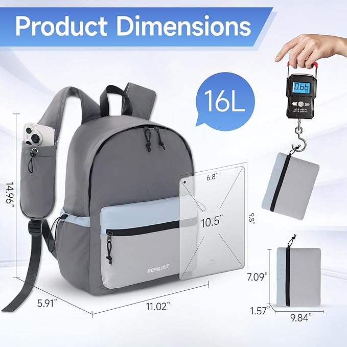 Lightweight Hiking Bag 16L Waterproof,Foldable Backpack for Hiking Essentials,Packable Back pack for Cycling Gym,Grey