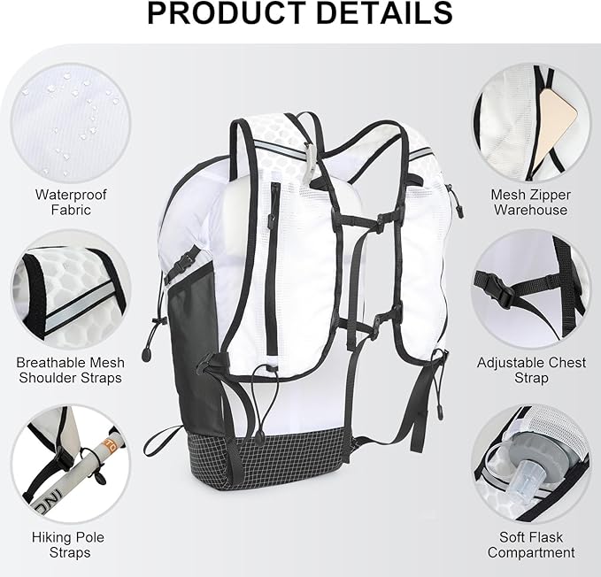 IX INOXTO Hiking Backpack 15L/22L Ultra Lightweight Packable Travel Backpack Small Waterproof Foldable Outdoor Day Pack with Two 500ML soft flasks for Men Women (White)