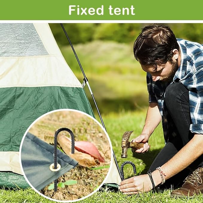 Ground-Stakes-Heavy-Duty-12 inch, J-Hook Rebar Stakes Black Coated Anti-Rust 10pcs Garden Stakes Metal Ground Anchors for Garden Dog Fence Chicken Coop Christmas Decorations Deer Fence