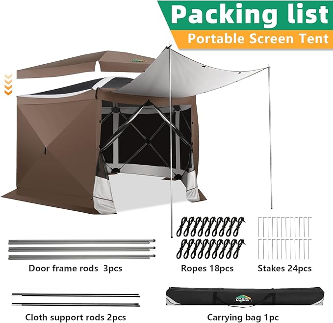 COBIZI 12x12FT Pop Up Gazebo Screen Tent Screen House for Camping, Screen Room with Mosquito Netting, Hub Tent Instant Screened Canopy with Carrying Bag and Ground Stakes, Brown(Upgraded)