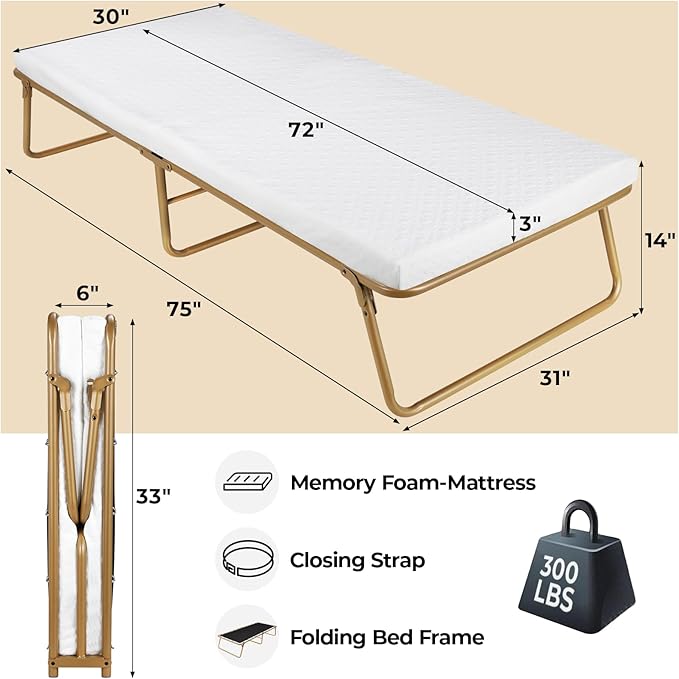 MAMIZO Folding Bed 75" x 31", Rollaway Bed with Mattress for Adults, Metal Frame with Memory Foam Mattress, Guest Bed for Bedroom,Office,Camp,No Assembly Required,Gold