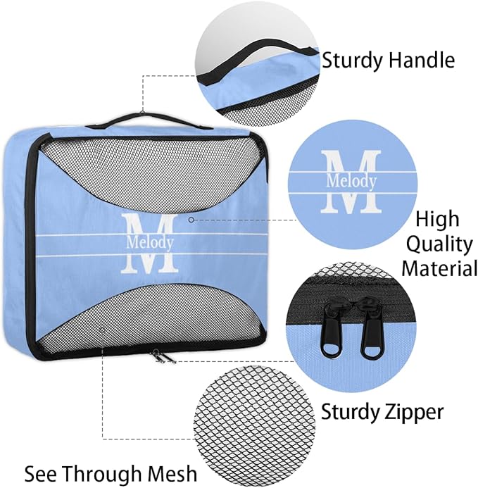 Custom Name 4 Pcs set travel luggage organizer Mesh Travel Essentials for Suitcases, Light Sky Blue with Initial Letter