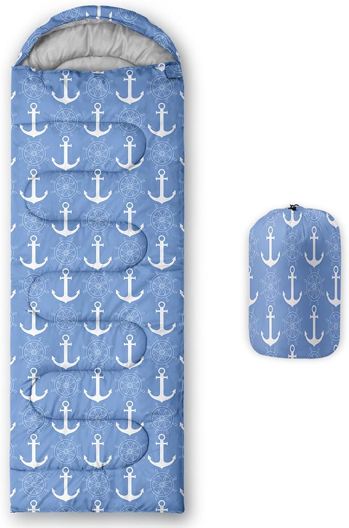 AILONEN Boys Sleeping Bag for Camping,Nautical Anchor,Lightweight & Waterproof,3 Season Warm & Cool Weather,Navy Blue Sleeping Bags for Kids Men Travelling,Outdoors