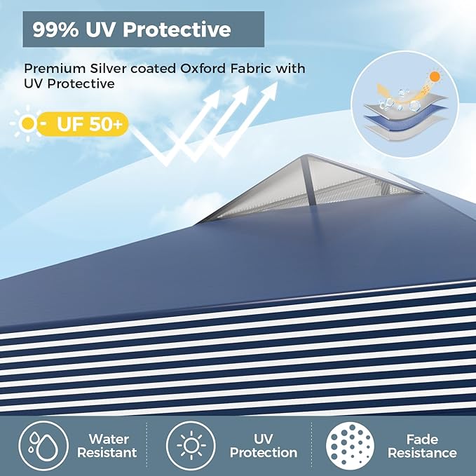 GREEN PARTY 10x10 ft Pop Up Canopy Tent, 1-Person Setup Instant Outdoor Canopy with Vented Top, Wheeled Carry Bag, 4 Ropes & 4 Sandbag -Blue & White Stripes