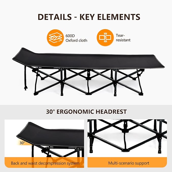 VINGLI Folding Camping Cot Bed,Camping Cots for Adults with Mattress, Cots for Sleeping with Pillow 1200D Layer Oxford for for Guest-Grey & Black