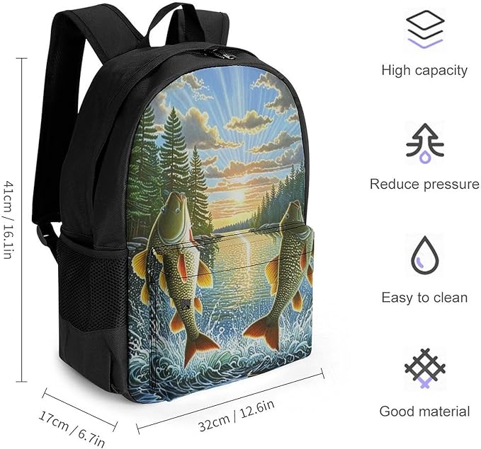 Supdreamc Rucksack Polyester Anti-Theft Multipurpose Two Fish Jumping Out Of Water Art Bookbag Big Capacity Travel and Sport Backpack Rucksack With Side Pockets