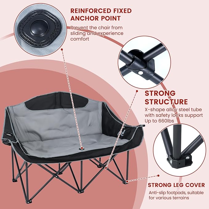 DoCred Heated Double Camping Chair, Heated Folding Camping Chairs Loveseat Outdoor Sports,Heating Oversized Lawn Chairs for Adults,2 Person Camp Chair with 3 Heat Levels, Battery NOT Included