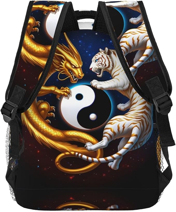 Daypack Polyester Anti-Theft Multipurpose Yin Yang Gold Dragon White Tiger Art Bookbag Big Capacity Gym Outdoor Hiking Backpack With Adjustable Shoulder Straps