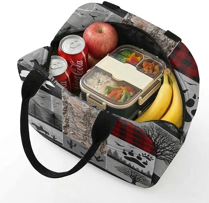 Western Retro Denim Insulated Lunch Bag Bear Deer Bird Nature Landscape Cactus Thermal Tote Portable Size (02)