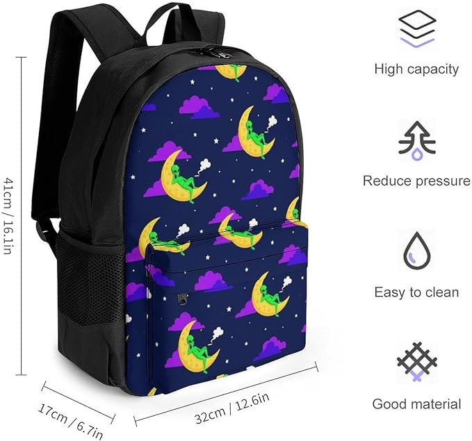 Lightweight Daypack Bookbag for Trekking Business Walking Cycling, Big Capacity Anti-Theft Multipurpose Carry On Bag, Funny Alien Moon Business Computer Bag