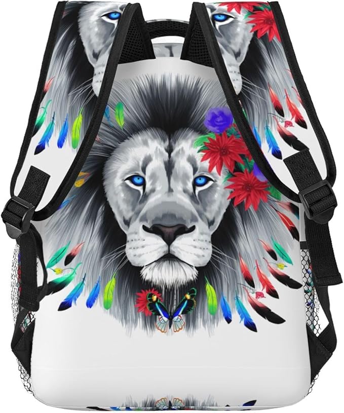 Daypack Backpack Anti-Theft Multipurpose Big Capacity Bookbag, Lion Feather Flower Butterflies Art Business Computer Bag With Side Pockets