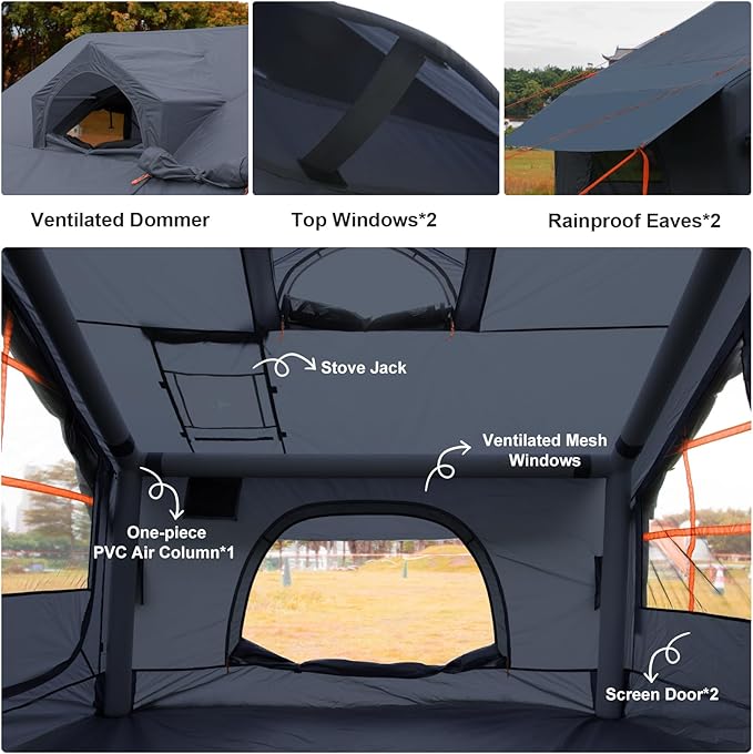Inflatable Camping Tent,2/4/6/8 Person Glamping Inflatable Tents with Awning, Quick Setup Blow Up Tents with Pump, Waterproof Oxford Inflatable House for Camping, Air Glamping Hot Tents for Adult