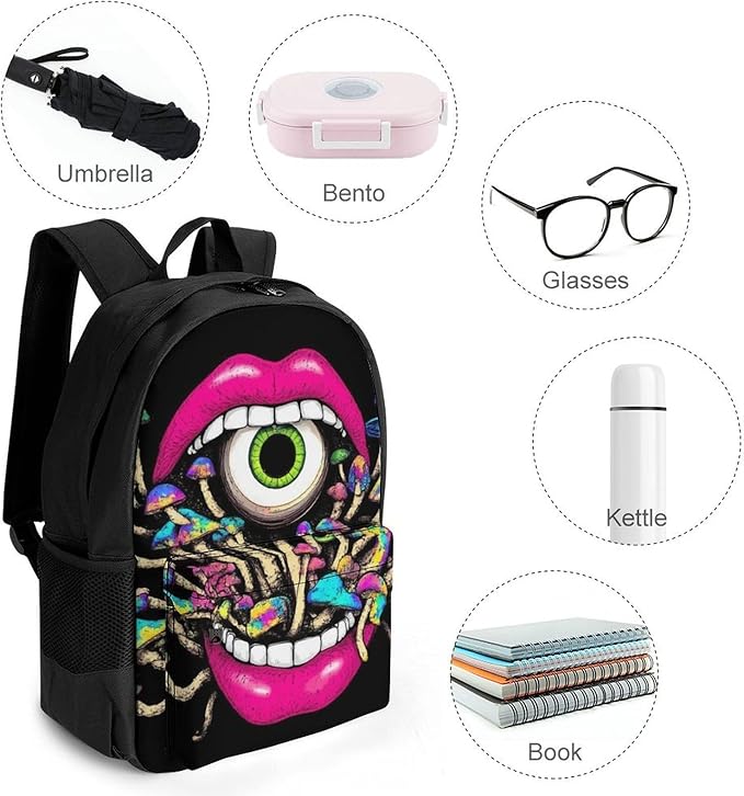 Men Women Lightweight Trippy Mushroom Lip Art Casual Daypack Big Capacity Bookbag With Padded Straps for Gym Travel Walking Cycling