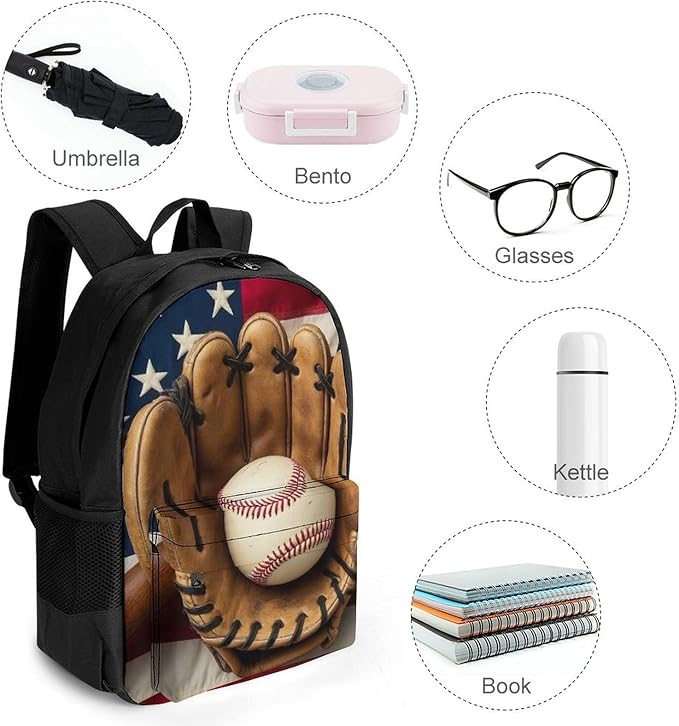 Lightweight Rucksacks for Climbing Outdoors Walking Cycling, Large Capacity Anti-Theft Multipurpose Carry On Bag, Vintage Ball Baseball American Flag Camping Outdoor Backpack