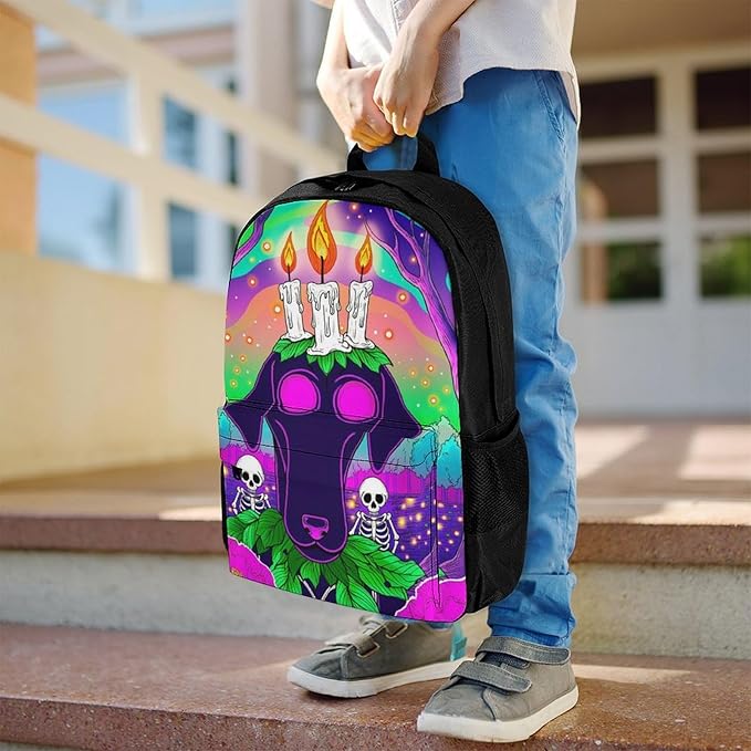 Supdreamc Men Women Lightweight Surrealist Dog Halloween Skeletons Flowers Fantasy Art Casual Daypack Large Capacity Bookbag With Adjustable Shoulder Straps for Gym Business Bicycle