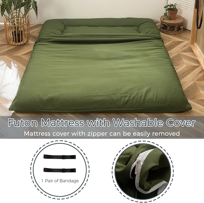 MAXYOYO 6" Extra Thick Japanese Floor Mattress Futon Mattress, Foldable Tatami Pad for Adults, Roll Up Floor Bed for Guest Room Bedroom RV, Green, Queen